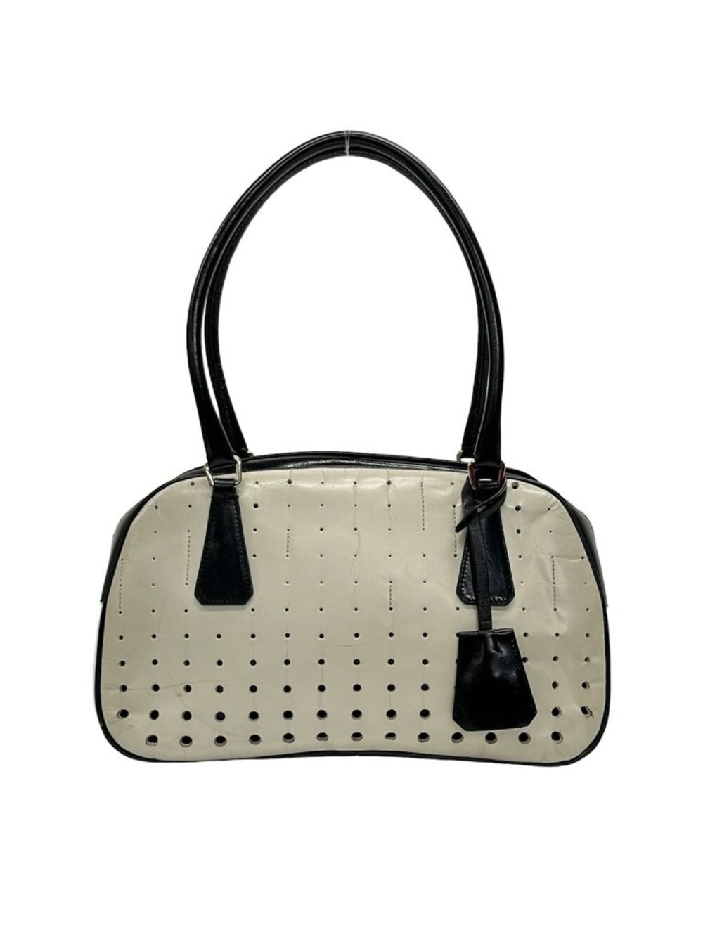 Prada Boston Bag White Black Perforated No Lock Leather